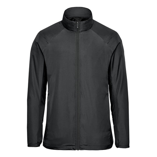 Men's Pacifica Full Zip Jacket - A black men's full zip jacket with a high collar and a sleek design. It features branding on the material.