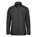 Men's Pacifica Full Zip Jacket - A black men's full zip jacket with a high collar and a sleek design. It features branding on the material.