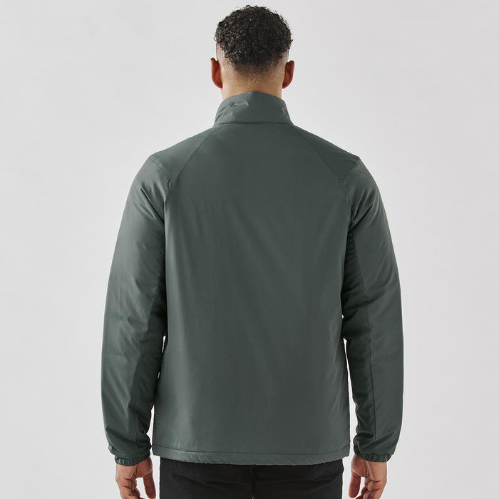 Men's Pacifica Thermal Jacket - A men's thermal jacket in dark green, featuring a collar and a logo, viewed from the back.