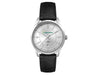 Ladies Casual Dress Watch, Leather Strap - A silver casual dress watch with a black leather strap, featuring a silver dial and a logo on the face.