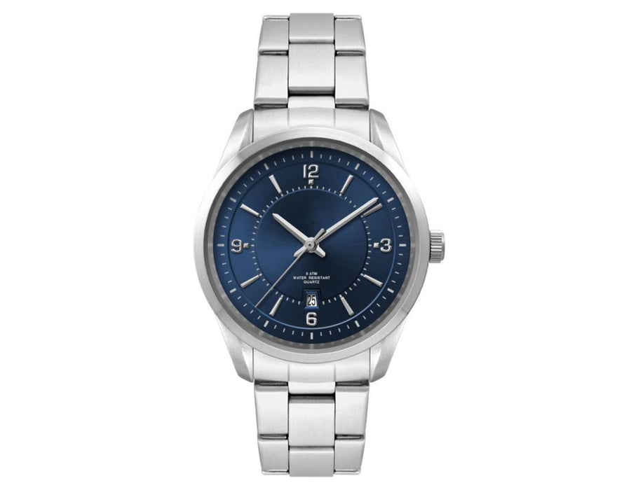 Ladies Casual Dress Watch, Stainless Steel Strap - A stainless steel strap watch with a blue dial, featuring silver hour markers and a date display.