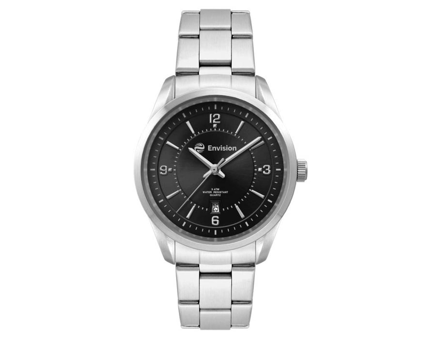 Ladies Casual Dress Watch, Stainless Steel Strap - A stainless steel strap watch featuring a black dial, silver hour markers, and branding on the dial.
