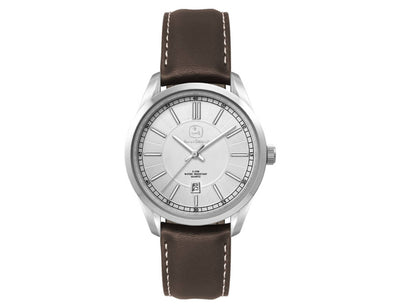 Ladies Casual Dress Watch, Leather Strap - A silver ladies casual dress watch with a brown leather strap and a minimalist face design. It features a logo.