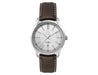 Ladies Casual Dress Watch, Leather Strap - A silver ladies casual dress watch with a brown leather strap and a minimalist face design. It features a logo.