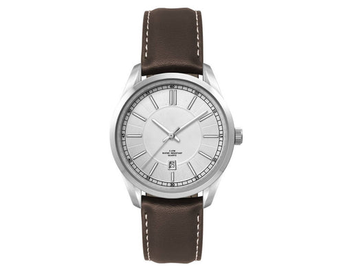 Ladies Casual Dress Watch, Leather Strap - A silver watch with a minimalist face and a brown leather strap, featuring a logo on the dial.