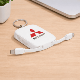 Neo Keychain Powerbank 2000mAh - A white power bank keychain with dual charging cables and a logo, resting on a wooden surface next to a laptop.