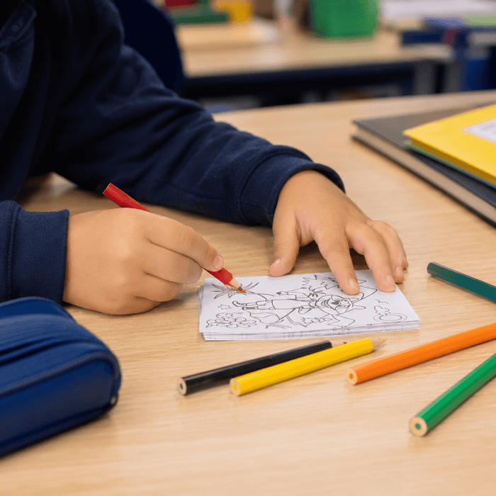 The Sketch Set - A hand holding a red crayon colours in a sketch on a small notepad, surrounded by coloured pencils and stationery.