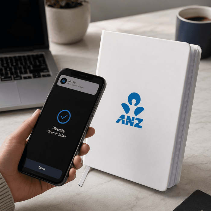 NFC A5 Smart Notebook - A white NFC A5 Smart Notebook next to a smartphone displaying a notification, with a laptop in the background.