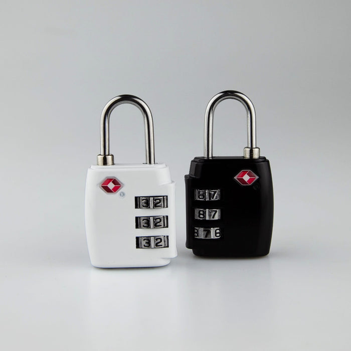 Portable Luggage TSA Lock - Two TSA locks are displayed: one white and one black, both featuring a combination dial and a logo.