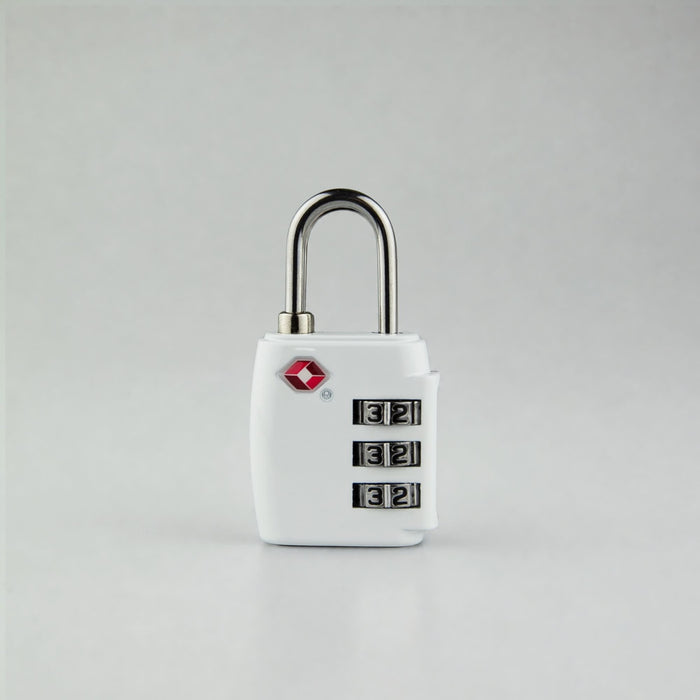 Portable Luggage TSA Lock - A white portable TSA luggage lock with a silver shackle and a combination dial. It features a small logo on the body.
