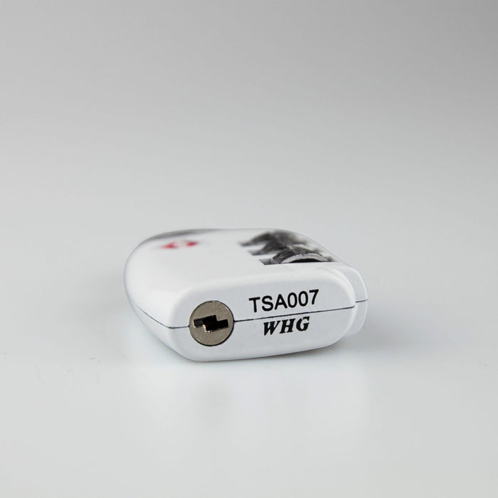 Portable Luggage TSA Lock - A portable luggage TSA lock in white with a keyhole, featuring a black and silver design and a logo.