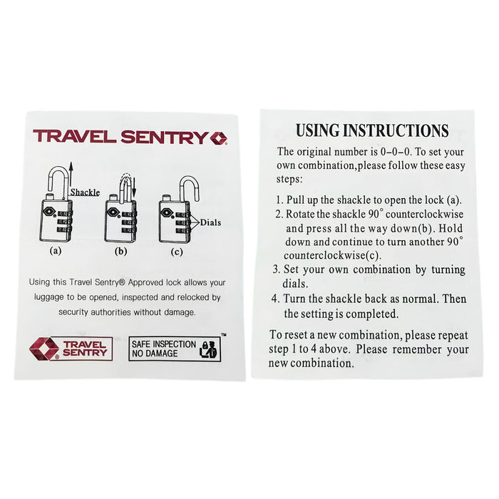 Portable Luggage TSA Lock - A portable luggage TSA lock with a shackle and dials, accompanied by instructional cards. The lock is silver.
