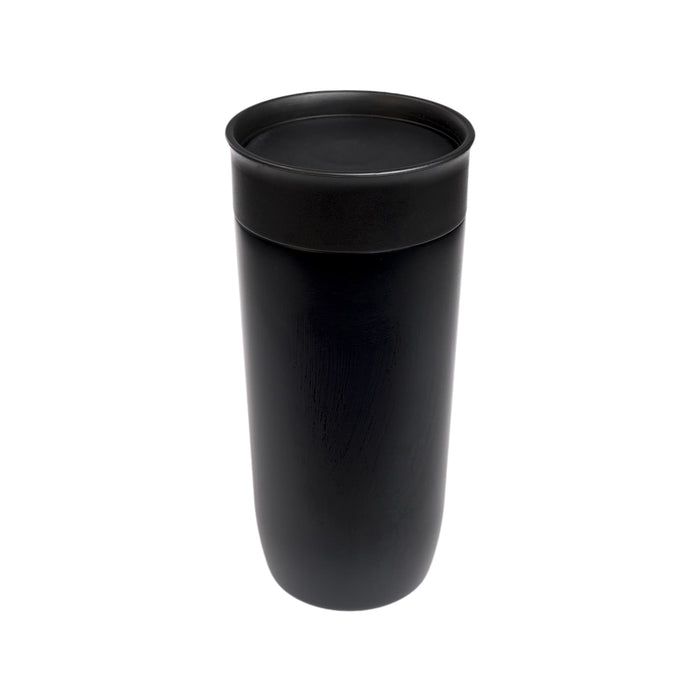 The Ultimate Welcome - Hot Chocolate Edition - A stainless steel coffee cup in a sleek black design, featuring a tight-fitting lid.