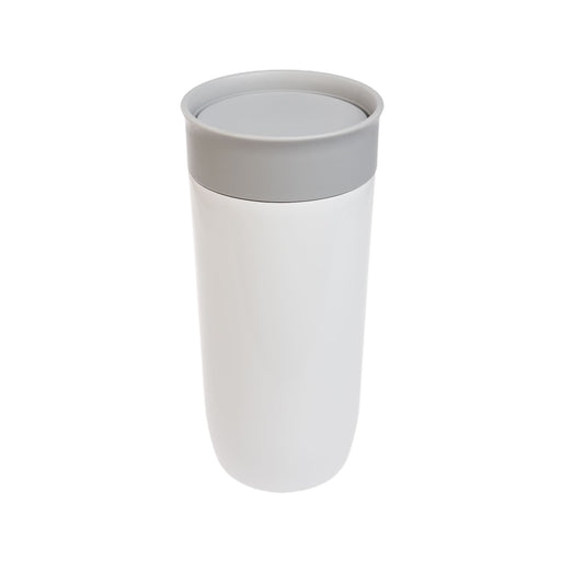 The Ultimate Welcome - Hot Chocolate Edition - A stainless steel coffee cup in white with a gray lid, featuring a smooth, sleek design and a logo.