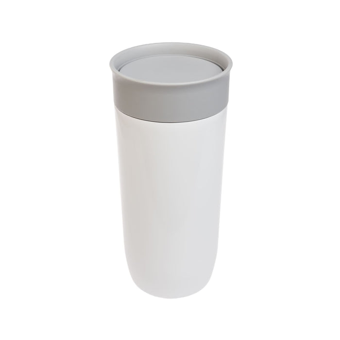 The Ultimate Welcome - Hot Chocolate Edition - A stainless steel coffee cup in white with a gray lid, featuring a smooth, sleek design and a logo.