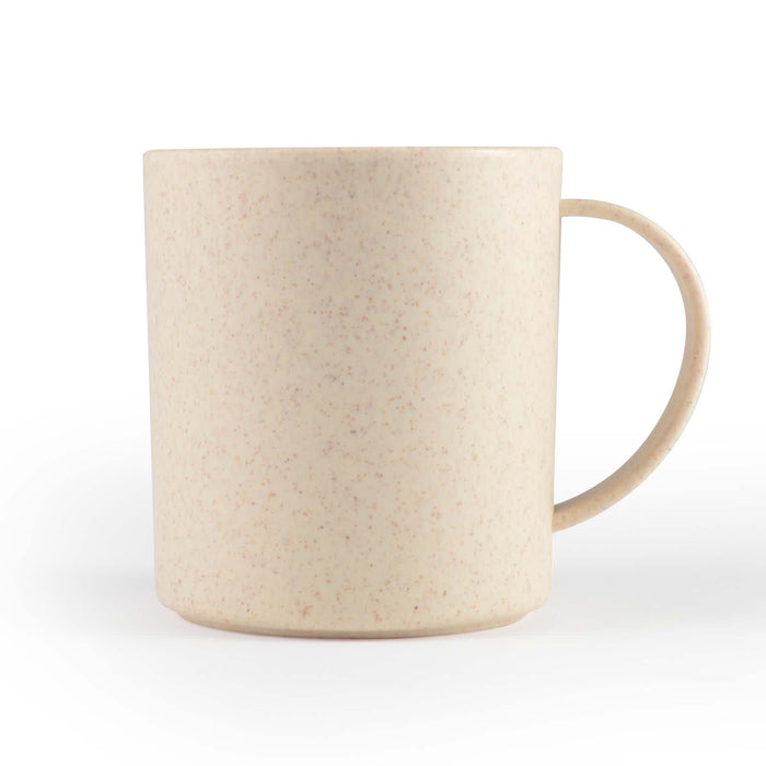 Eco Pack - A reusable coffee cup in a light beige colour with a speckled design and a handle. It features a logo.