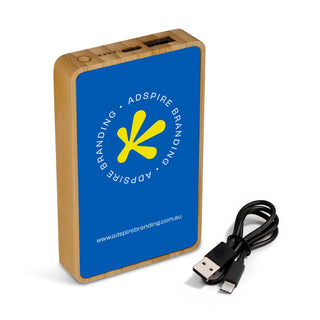Primo Power Bank - A bamboo power bank featuring a blue front with a logo, accompanied by a USB charging cable.