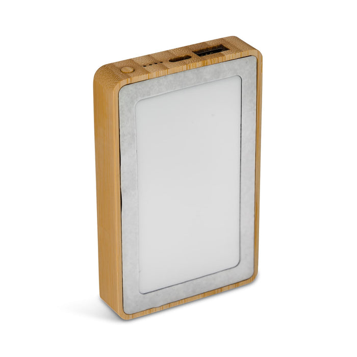 Primo Power Bank - A rectangular power bank with a bamboo exterior and a white panel on the front, featuring USB ports and a logo.