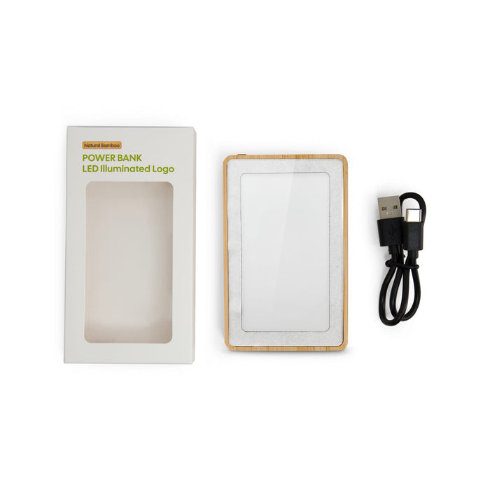Primo Power Bank - A bamboo power bank with a white surface, accompanied by a USB cable and packaging.
