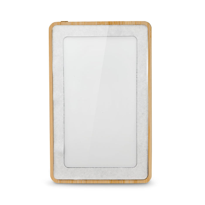 Primo Power Bank - A power bank with a bamboo frame and smooth white surface, featuring a logo on the front.