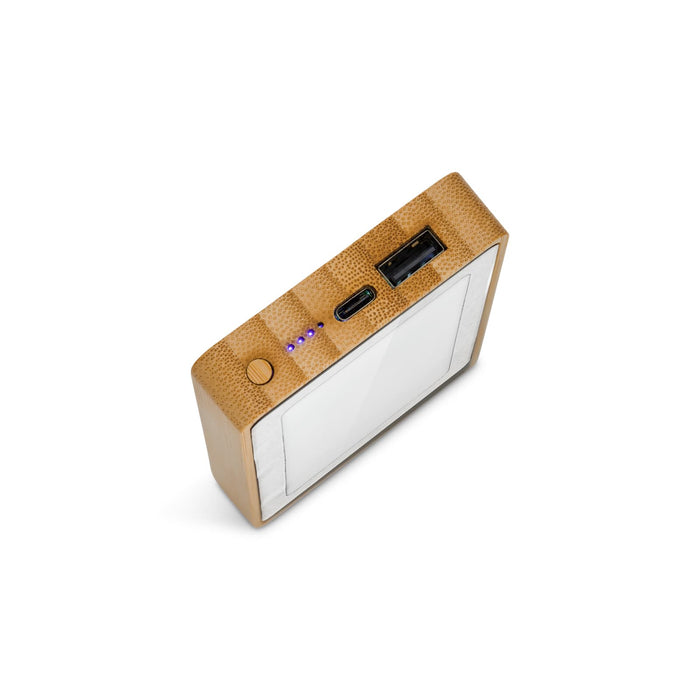 Primo Power Bank - A bamboo power bank with a sleek design, featuring USB ports and LED indicators.
