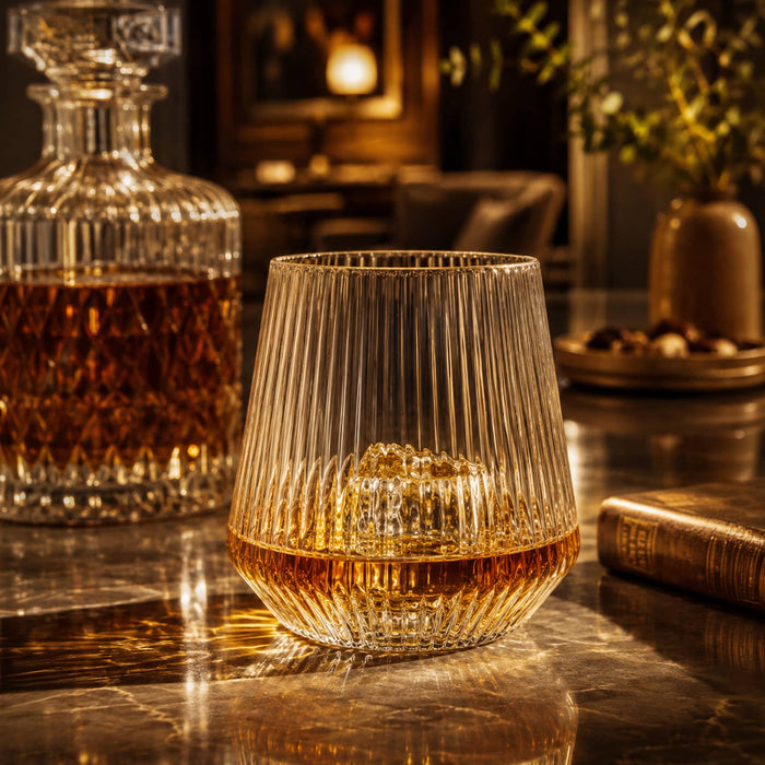 Velora Tumbler by The Line Edit. - A drink glass with a ridged texture, filled with amber liquid, sits on a marble surface beside a crystal decanter.