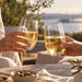 Swift Tumbler - PET 450ml - Two elegant stemless glasses filled with sparkling golden liquid, clinking together against a scenic background.