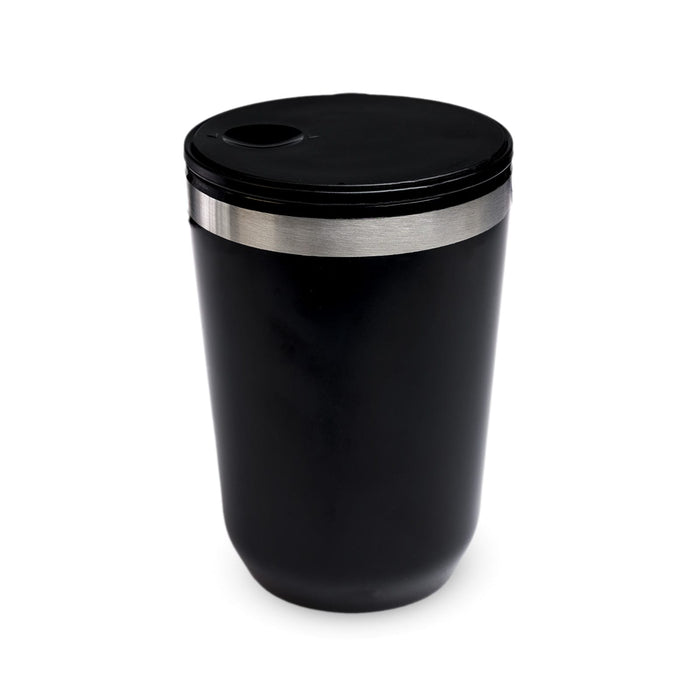 The Pause Pack: Christmas Edition - A reusable coffee cup in black with a stainless steel band and a lid featuring a drinking opening.