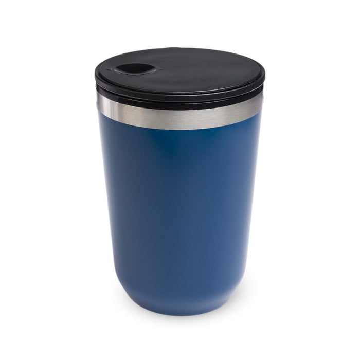 The Pause Pack: Christmas Edition - A reusable coffee cup in navy blue with a stainless steel band and a black lid, featuring a logo.