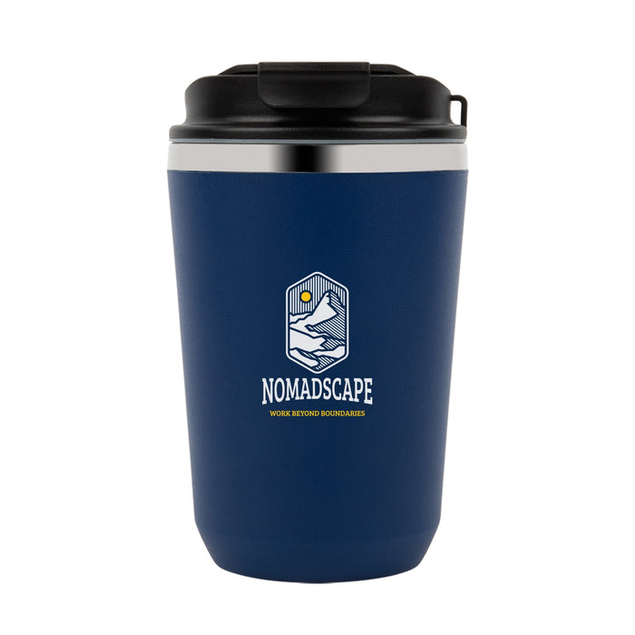 Lunch & Latte Kit - A double wall coffee cup in navy blue with a black lid and a logo on the front.
