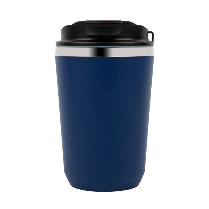 Lunch & Latte Kit - A double wall coffee cup in dark blue with a black lid and a silver band around the top. It features a logo.