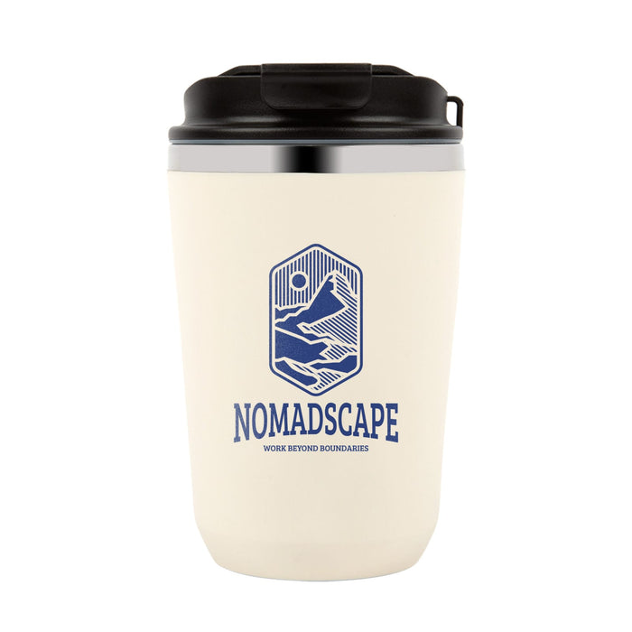 Lunch & Latte Kit - A cream double wall coffee cup with a black lid and a logo featuring mountains and a hand design.