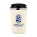 Lunch & Latte Kit - A cream double wall coffee cup with a black lid and a logo featuring mountains and a hand design.