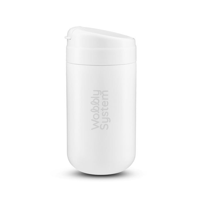 The Good Stuff Pack - A white reusable coffee cup with a lid and a logo, designed for hot beverages.