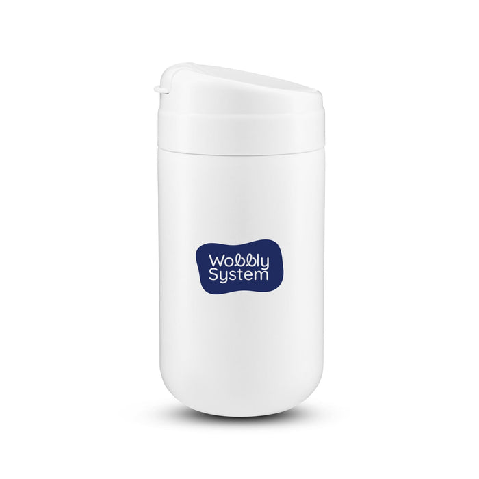 The Good Stuff Pack - A white coffee cup with a lid and a logo on the front.