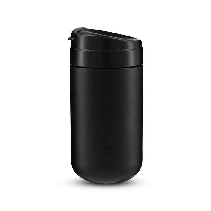 The Good Stuff Pack - A coffee cup in matte black with a secure lid and a minimalist design, featuring a logo.