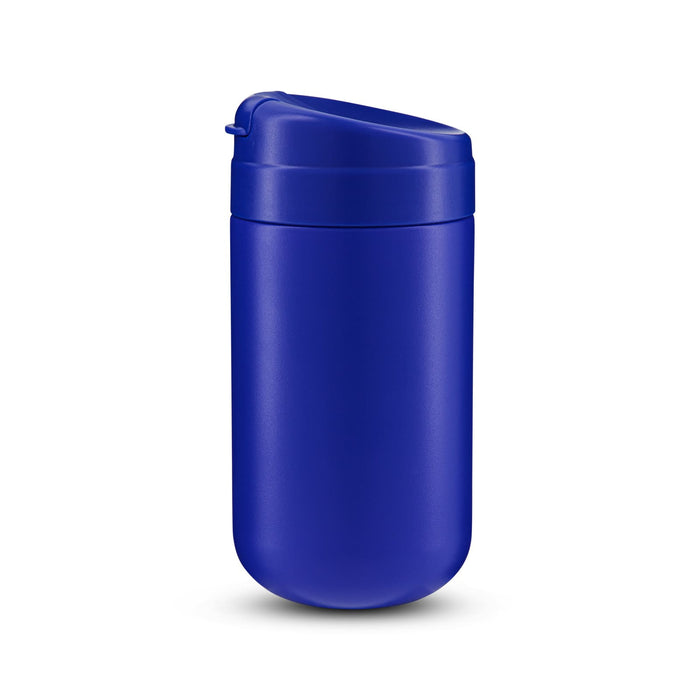 The Good Stuff Pack - A blue coffee cup with a lid and a smooth finish, featuring a branding logo.