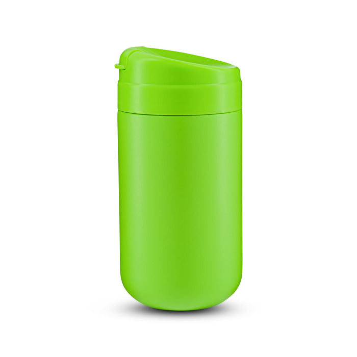The Good Stuff Pack - A green coffee cup with a secure lid and a sleek design. It features a logo.