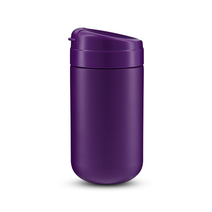 The Good Stuff Pack - A purple coffee cup with a secure lid and a smooth finish. It features a logo on the surface.
