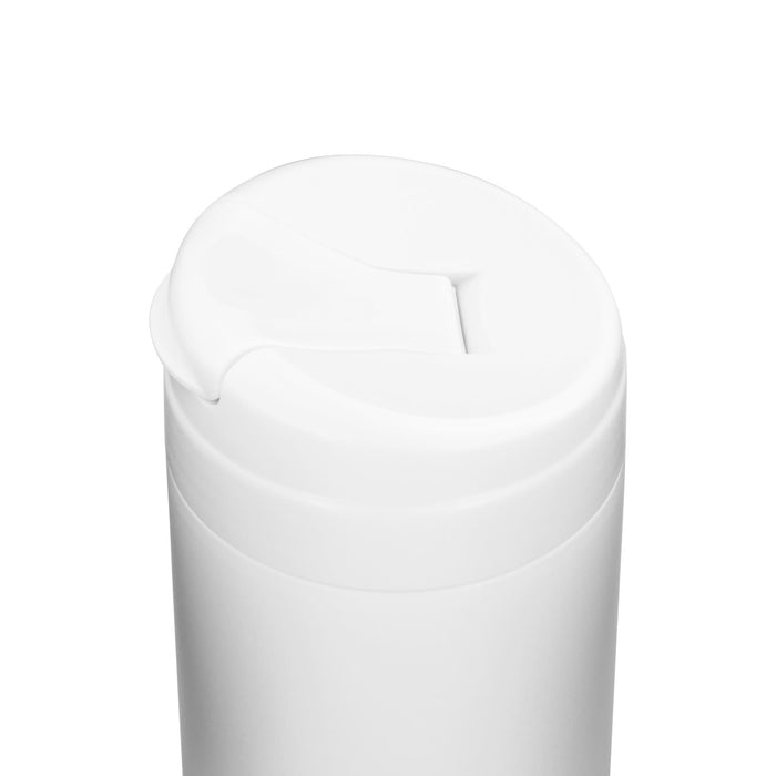 Esplanade Coffee Cup by The Line Edit. - A white coffee cup with a lid featuring a slot for drinking, designed for beverages. It has a logo on the surface.
