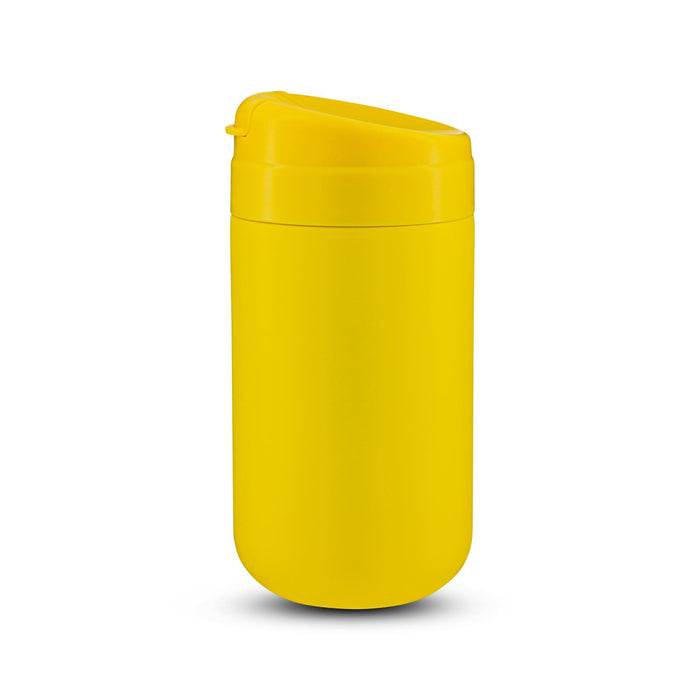 Esplanade Coffee Cup by The Line Edit. - A yellow coffee cup with a rounded lid and a sleek design. It features a logo.