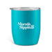 Indiana Coffee Cup - A turquoise coffee cup with a clear lid and a brand logo on the front.