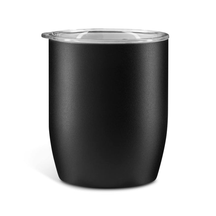 The Refuel Pack - A black coffee cup with a clear lid and a sleek, minimalist design. It features a branding logo.