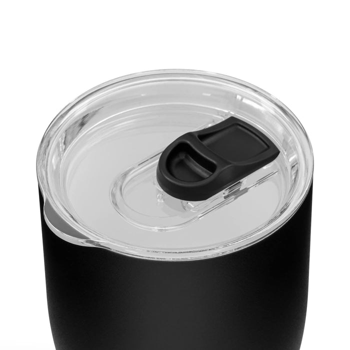 Indiana Coffee Cup - A black coffee cup with a clear lid and a slider opening for easy sipping.