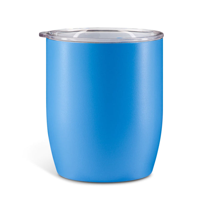Indiana Coffee Cup - A blue coffee cup with a transparent lid and a smooth matte finish, featuring a logo.