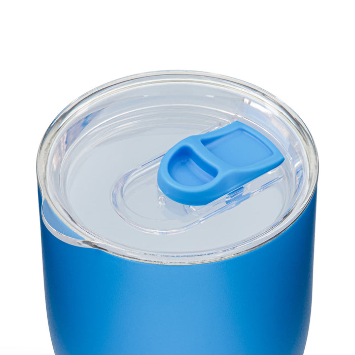 Indiana Coffee Cup - A drink bottle with a blue exterior and a clear lid featuring a blue slider opening.