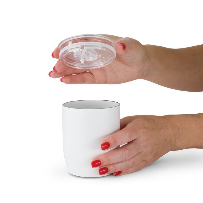 Indiana Coffee Cup - A white coffee cup with a clear lid, held by two hands with red manicured nails.