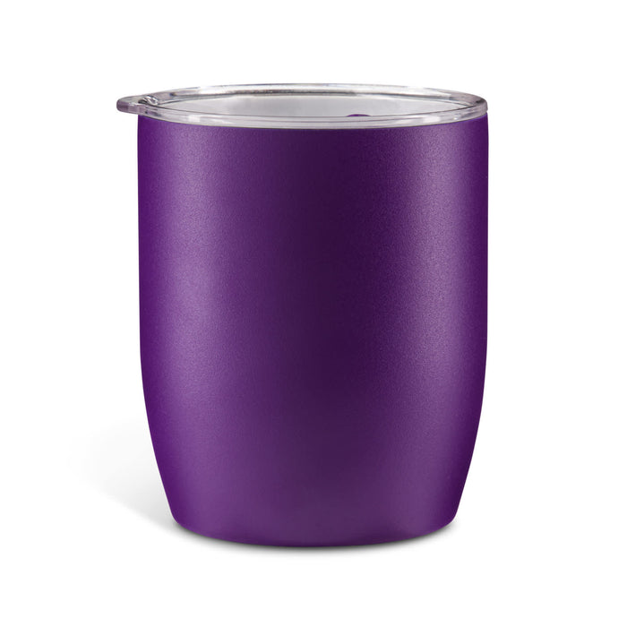 The Refuel Pack - A purple insulated coffee cup with a clear lid, featuring a smooth, matte finish and a rounded design.