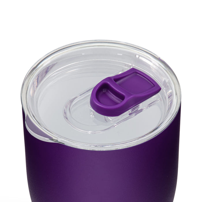 The Refuel Pack - A purple coffee cup with a clear lid and a flip-top opening. It features a smooth, matte finish and a branding logo.