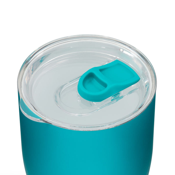 The Refuel Pack - A drink bottle in a vibrant turquoise colour with a clear lid and a flip-top opening. It features a logo.